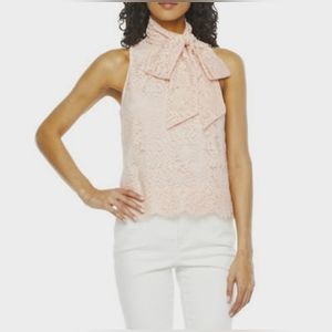 Ryegrass Womens Lace Mock Neck with Tie at Neck Blouse In Pink Vanilla